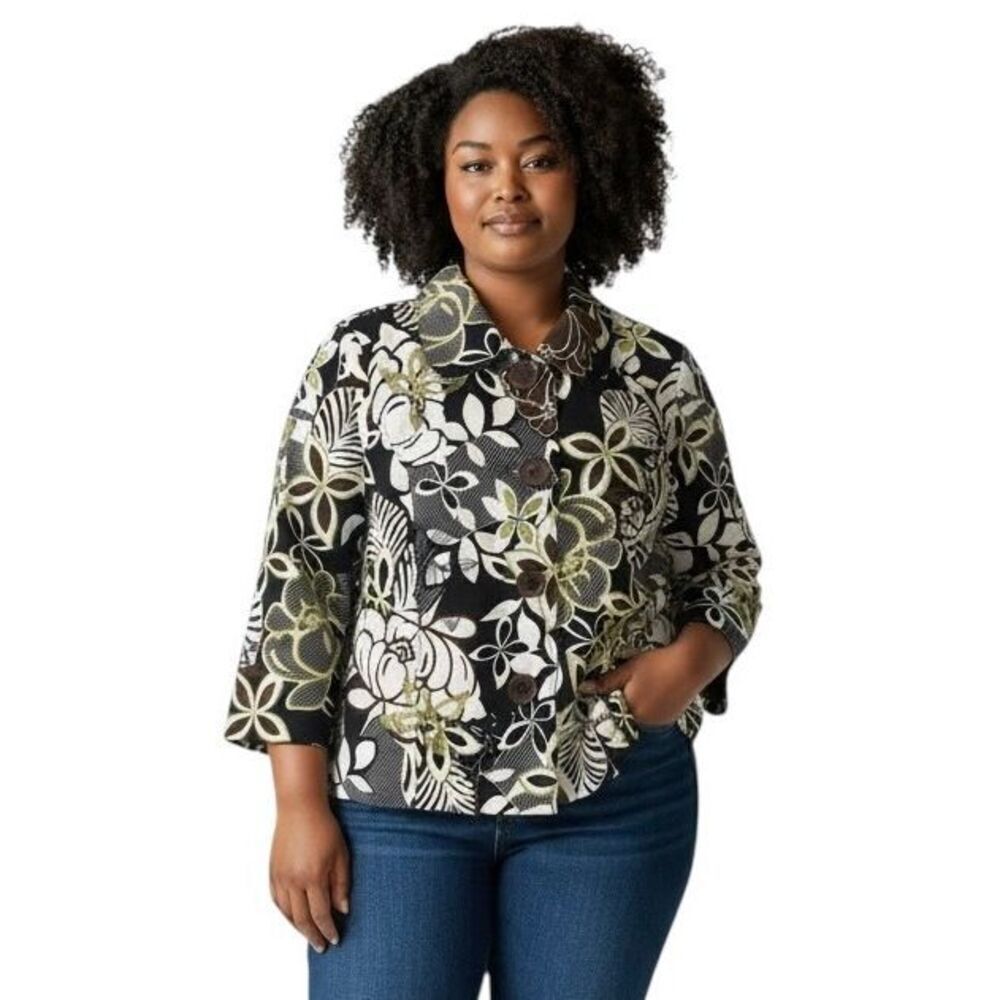 Silkland Women’s Size 1X Silk Jacket Blazer Green Brown Embroidered Floral Lined